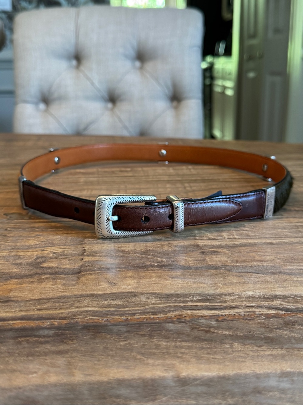 Brighton Multi-Color Pony Hair Silver Concho Leather Belt Sz 32 / M - Picture 3 of 11